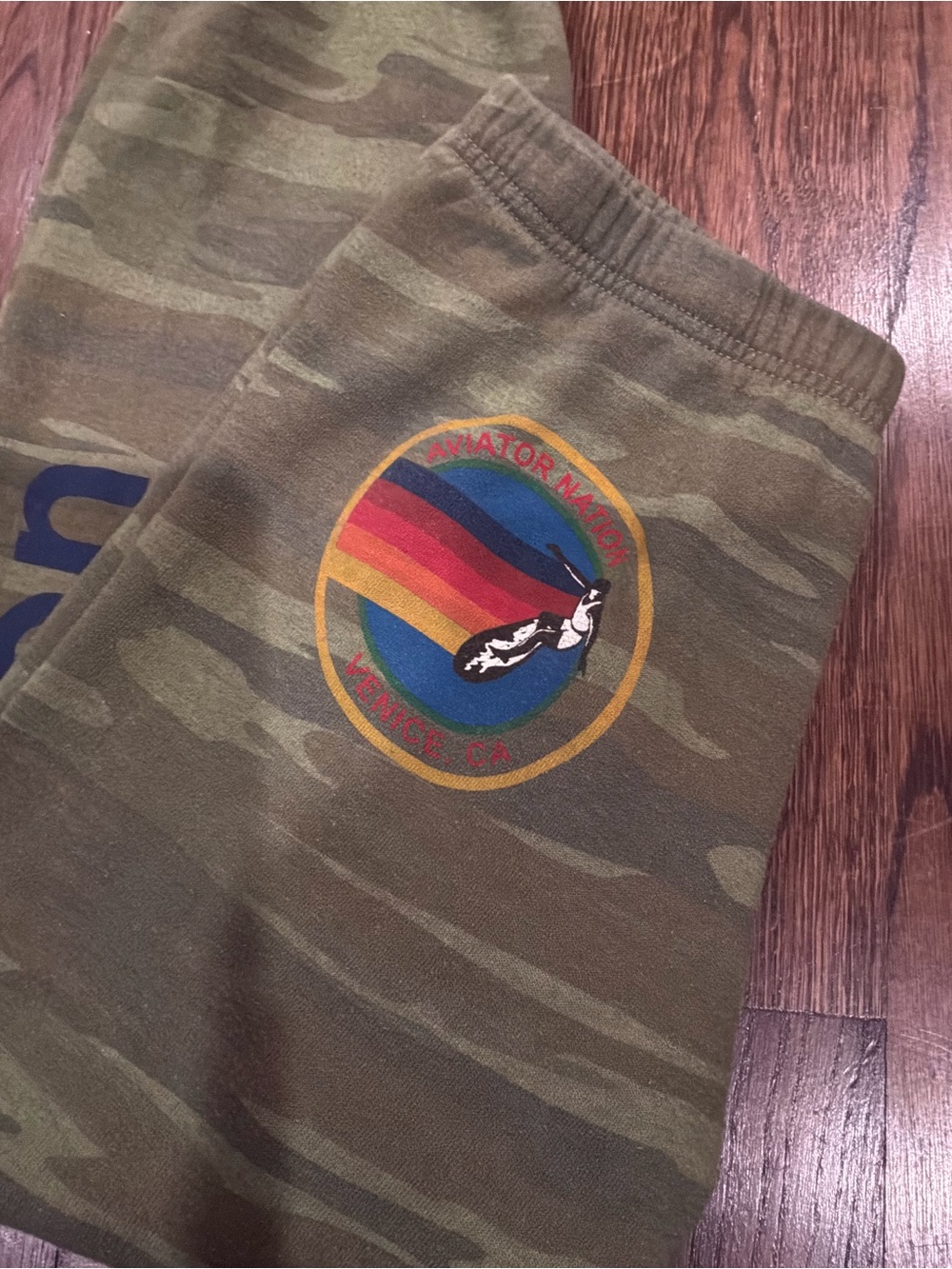 Aviator Nation Olive Green Camo Kids Sweatpants with Rainbow Patch